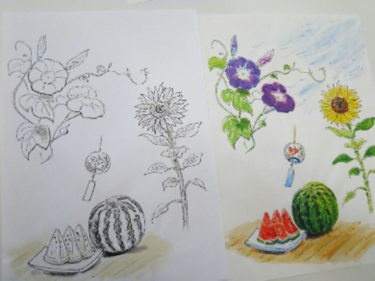 ギャラリーねこい 本日のイラスト スイカの日 らしいですね 高齢者向け施設からのリクエストで描いたのを っ W っ イラスト 水彩色鉛筆 ぬりえ 西瓜