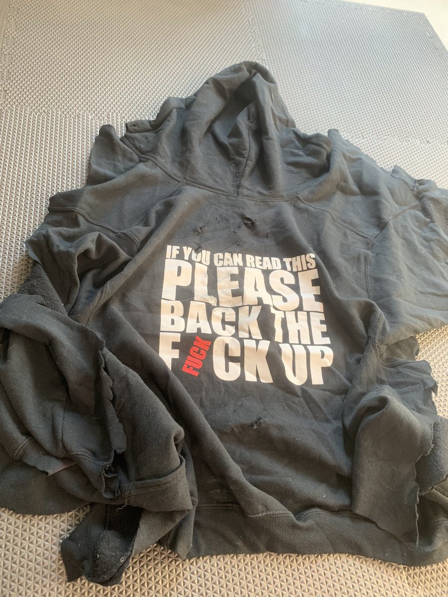 JustinHibbert's tweet photo. @6Foot4Honda Just found my old Back The Fuck Up Hoodie I had on when I got hit years ago. Clearly they couldn’t read 😅😂 https://t.co/ayh0x1HUvE