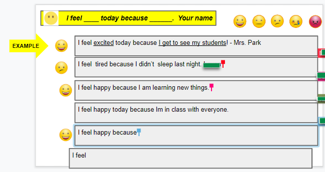 teacher2teacher's tweet photo. "I check in with Ss using collaborative slides during the first 5 minutes of weekly synchronous lessons. Ss share about their week and let me know how they're feeling." This slide helps T @MrsEPark1 check in when her Ss gather online! #SELchat (Inspiration via T @theresawills) https://t.co/xof9nbcz07