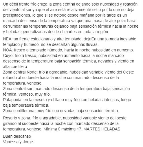 jormax76's tweet photo. Frío a fresco, nubosidad variable, viento del oeste rotando al sudoeste con ráfagas, descenso de la temperatura hacia la noche, muy frío. Mínima 6 máxima 17. MARTES HELADAS
@guillermozysman @Maru_pez @GBelluati @dhfiori @diegogmontilla @JFelcaro @anibal8301 @marcetapia @LT8am830 https://t.co/JJTD4nkpFl