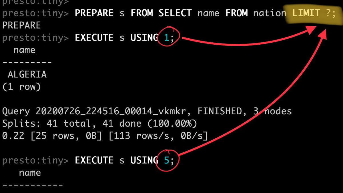mtraverso's tweet image. The next version of Presto (340) adds support for prepared statement parameters in the LIMIT clause. Thanks kasiafi for implementing this! #prestosql #prestodb #presto