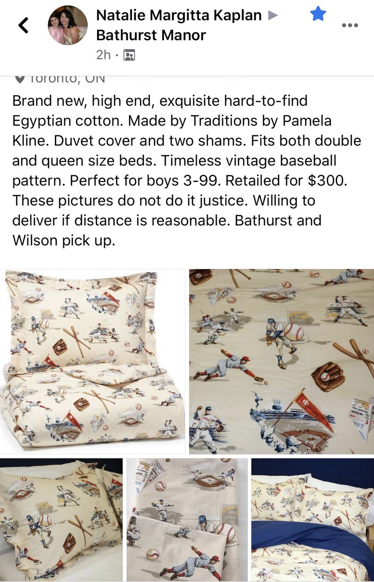 DavidKaplanMD's tweet photo. #BaseballisBack baby! @wishbedding has closed her business and has this for sale. Brand new, high end, hard-to-find Egyptian cotton. $100 USD or 140 CDN ($300 retail). Duvet cover and two shams. Fits both double and queen beds. Vintage baseball pattern. DM her #MLB #BlueJays https://t.co/AgBq6c4wYr
