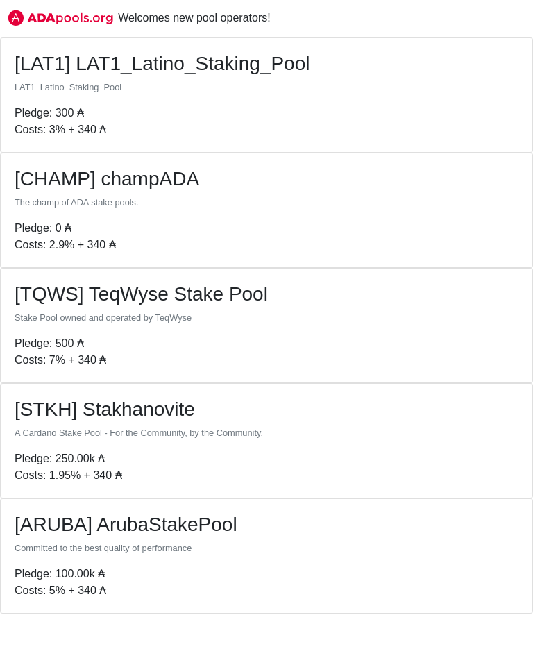 adapools_org's tweet photo. https://t.co/DFC3ogAawe welcomes new pools!
#LAT1 #LAT1_Latino_Staking_Pool #CHAMP #champADA #TQWS #TeqWyse Stake Pool #STKH #Stakhanovite #ARUBA #ArubaStakePool #TOA #TOA_POOL #cardano $ADA
π https://t.co/py7xEJTVG3 π https://t.co/8HkjGR5EM9