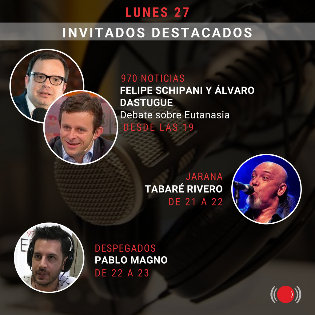 universal970's tweet photo. ➡️ @alvillar, y @NachoQuartino, corresponsal en Buenos Aires, en @encuentro970 
➡️ La cineasta @solesolela en @DeTaquito970 
➡️ Debate sobre eutanasia con @FelipeSchipani y @AlvaroDastugue en @970noticias 
➡️ Tabaré Rivero en @jaranaweb 
➡️ @PabloMagno2 en @despegados6 https://t.co/Lrr9ov7saI