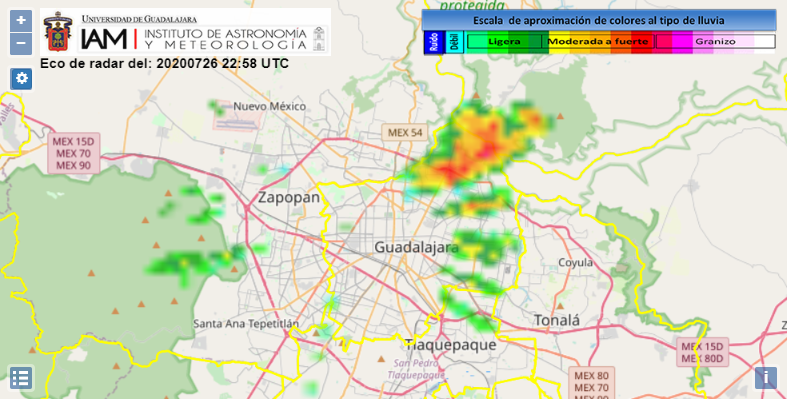 RadarDopplerUdG's tweet photo. Así la tormenta sobre la Barranca y zona Huentitán #GDL con intensidad de moderada a fuerte y #lluvia ligera a moderada en región #Oblatos de #Tetlan de GDL #AMG https://t.co/KiJfOI0fxs