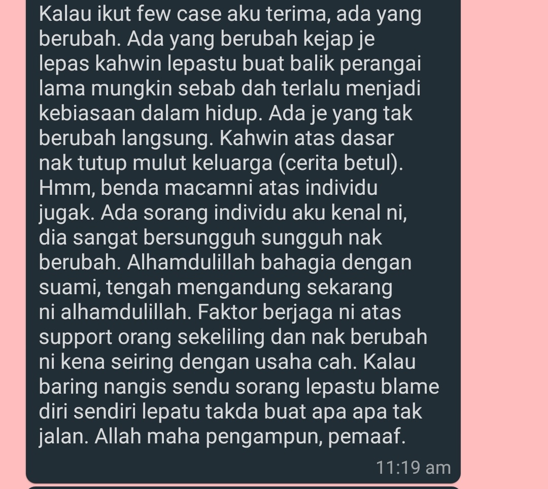 Ada yg dm tanya ada posibility ke org yang addicted sex ni berubah after kawen?Ni cousin aku ada share sbb dia kerja bahagian penguatkuasa agama yg org takut2 kena tangkap tuu.