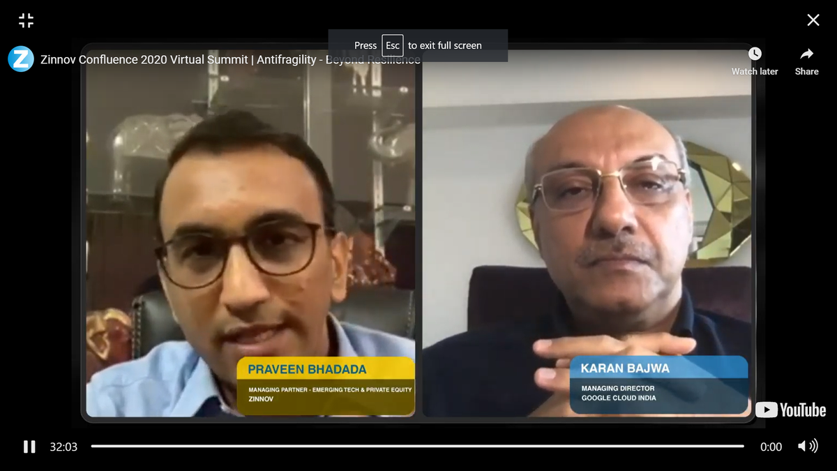 ZinnovEvents's tweet photo. "How do companies get #Antifragile?" - @Bhadada, @zinnov, poses his first question to @KaranBajwa_IN, Google Cloud India, in the fireside chat, at #ZinnovConfluence 2020. https://t.co/dhYx0KkhHg