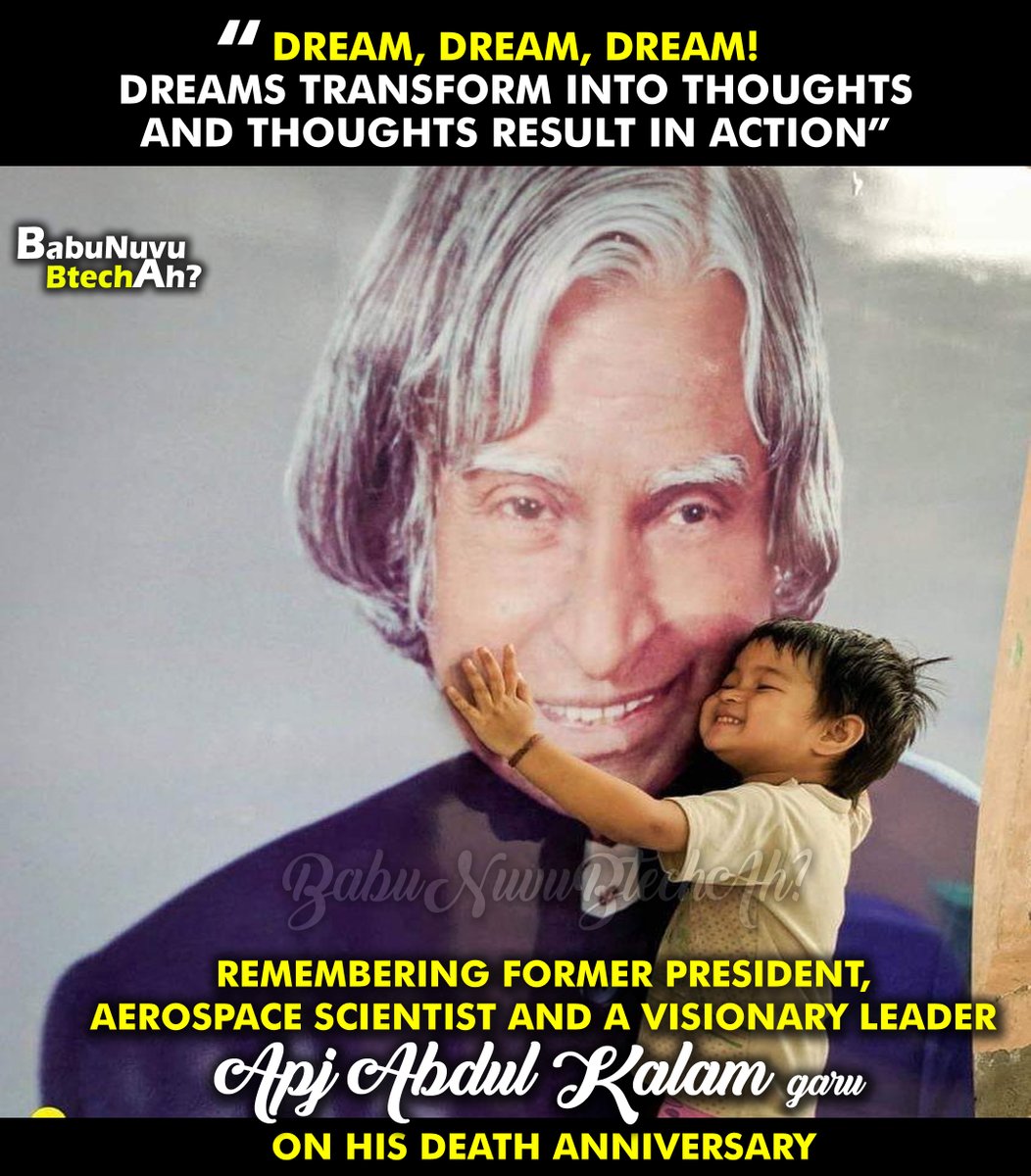 BabuNuvuBtechAh's tweet photo. Remembering former President of India, great teacher and eminent scientist "Bharat Ratna" 

Dr. #APJAbdulKalam Ji 
11th President of India fondly known as 'the People's President'. Let us remember him today for inspiring generations of young Indians to dream big and work hard. https://t.co/KyctkKREPN