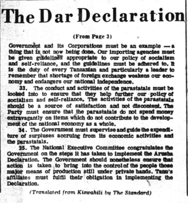 14/ The result of the closed door meeting in the capital created the new iteration of the TANU party guidelines: Mwongozo wa TANU 1971, translated to English in the Tanzania Standard under the title: “The Dar Declaration.”
