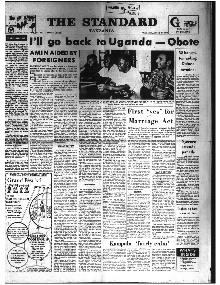 4/ Unable to return to Uganda where Amin was now in power-- Obote returned to East Africa taking up refuge in the Tanzanian statehouse.