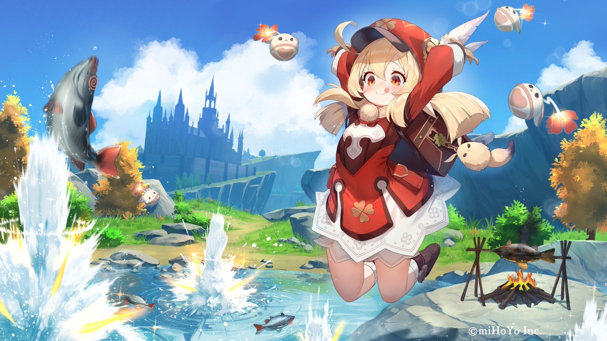 原神 Genshin 公式 クレー生誕祭 今回は騎士団のお屋敷を真っ黒にしないように街の外で魚を焼いてるから ジン団長にはバレないはず 早く食べて逃げなきゃ 良い子の皆は湖に爆弾を投げ込まないでね クレーはこの後反省室に イラストはraijuu