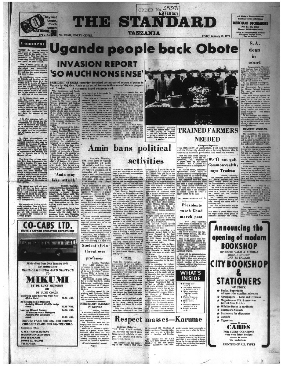 6/ On Thursday January 28, 1971, Tanzania announced publicly its stance on non-recognition of Idi Amin’s government in Uganda.