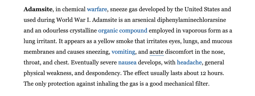 threepointfiver's tweet photo. @GriffinMalone6 If it is adamsite, that is not good. It isn't generally used for riots anymore because it has more serious side effects than the CS (tear gas) police routinely use now. It can potentially be lethal for children. It's a yellow-colored gas. From Encyclopedia Brittanica: https://t.co/aVUzMlwkEm