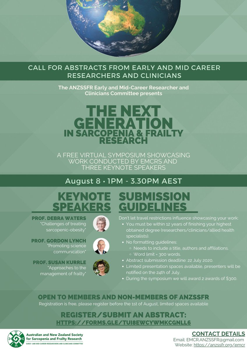 Register now to join our #frailty and #sarcopenia symposium on August 8. You do not have to be an EMCR to register for the symposium!

Registration is free, deadline for registration is extended to the 5th of August.

Register &amp; more info: anzssfr.org