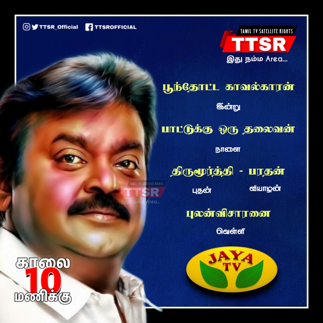 TTSR_Official's tweet photo. #CaptainVijayakanth Special!
#Poonthottakavalkaran
#Pattukuoruthalaivan
#Thirumoorthy
#Parathan
#Pulanvisaranai
@TTSR_Official @vijayavikashm @vivekjayarman @iVijayakant @JayaTvOfficial #JMovie #JayaTV #Vijayakanth @VijayakanthDMDK @iVijayakanth #ttsr
#VIJAYAVIKASHM https://t.co/6hbs2VjNWn