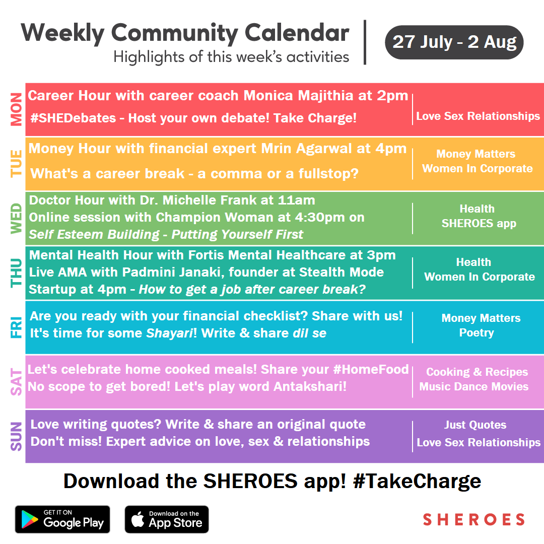 #OnSHEROESAppThisWeek #MondayMotivation 

@PadhminiJanaki's live session on 'Jobs after career break' 
Boost self-esteem by #ChampionWoman
#DoctorHour with @DrMichelleF 
#Writing Challenges | #Money Checklists | Tons more! 

Download SHEROES app & join in! shrs.me/ijH6O8qrOO