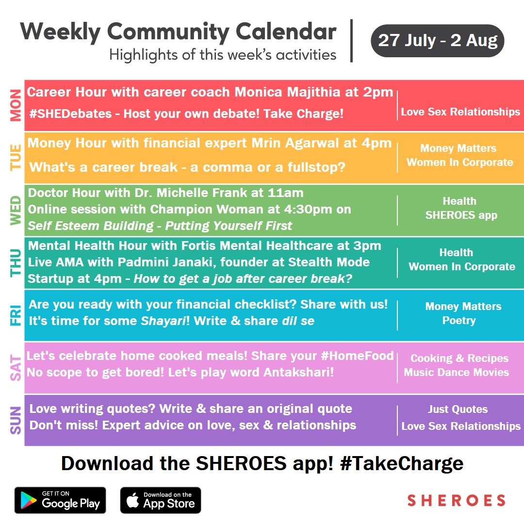 sheroes's tweet photo. #OnSHEROESAppThisWeek #MondayMotivation
@PadhminiJanaki's live session on "Jobs after career break"
Boost self-esteem by #ChampionWoman
#DoctorHour with @DrMichelleF
#Writing Challenges | #Money Checklists | Tons more!
Download SHEROES app & join in! https://t.co/BBAH5cBEJf https://t.co/ouVmNGCbKJ