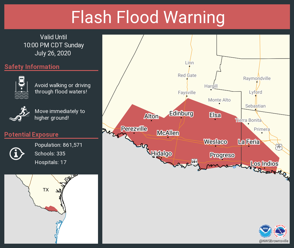 NWSBrownsville's tweet photo. Flash Flood Warning including McAllen TX, Edinburg TX, Mission TX until 10:00 PM CDT https://t.co/zQdVGtoQcV