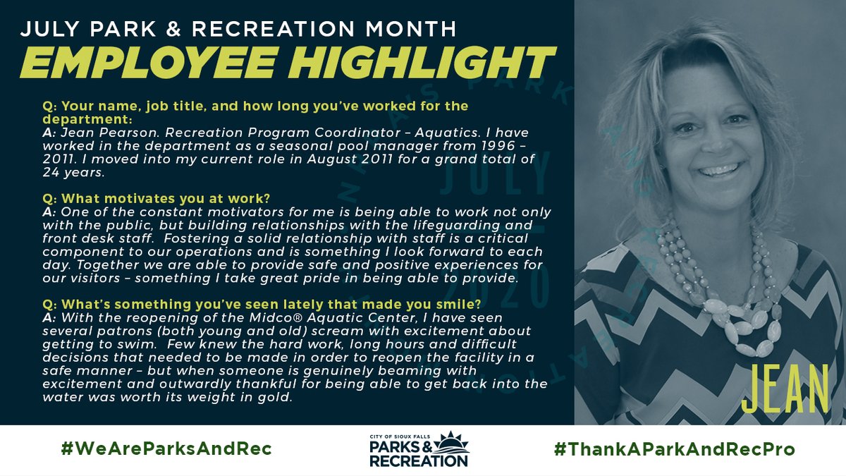 SiouxFallsParks's tweet photo. We Are Parks And Recreation. Learn more about our incredible team during @NRPA_news July Park &amp; Recreation Month!

#SiouxFallsParks #WeAreParksAndRec #ThankAParkAndRecPro https://t.co/25mI5fuchn