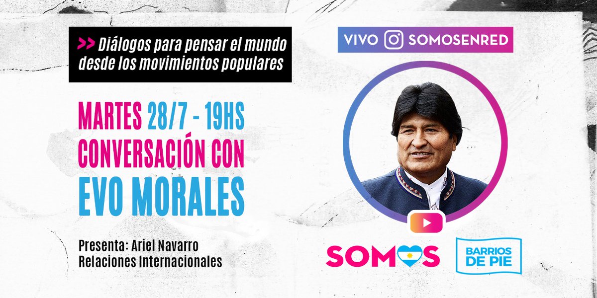 Este martes desde el instagram de @somosenred vamos a dialogar con <a href="/evoespueblo/">Evo Morales Ayma</a> sobre los desafíos del mundo para la pos pandemia. Sumate y participa 👇🏻👇🏻👇🏻