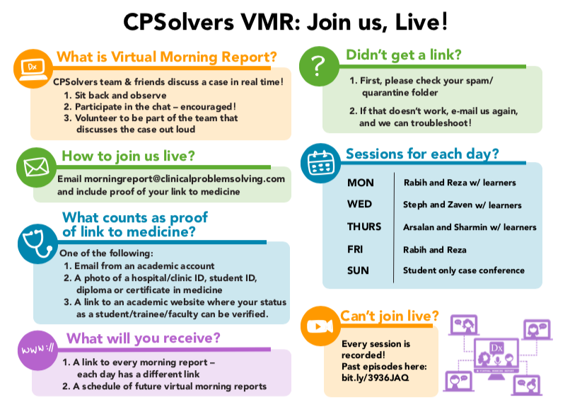 CPSolvers's tweet photo. #MedTwitter, we are so grateful to continue learning from & with you all during our Virtual Morning Reports!
We are excited to share the most recent information about the VMR schedule and how to join us live.
For more information, please read here: https://t.co/kR1r4e5PR2 https://t.co/ZvBiHeIhtZ