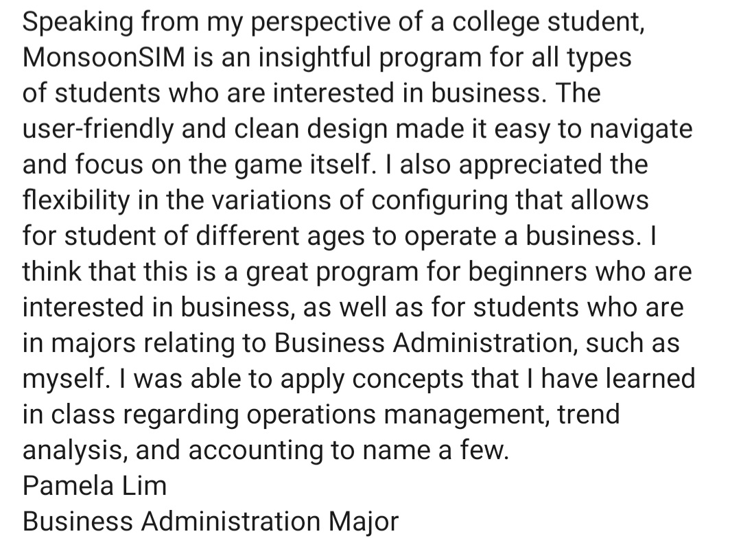 taminsyah's tweet photo. Happy to receive this feedback that just came in. #monsoonsim #edtech https://t.co/AGq556LbvD