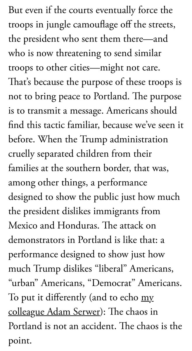 “The attack on demonstrators in Portland is like that: a performance designed to show just how much Trump dislikes “liberal” Americans, “urban” Americans, “Democrat” Americans.” -  @anneapplebaum  #GoonGestapo  #AmericanSociopath  #Pathocracy  #Fascism  https://www.theatlantic.com/ideas/archive/2020/07/trump-putting-show-portland/614521/