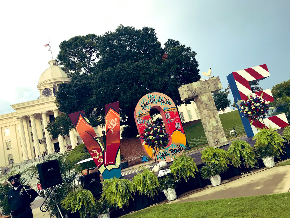 CarstarphenMJ's tweet photo. As @repjohnlewis lies in state and exactly the moment the clock chimed 7:00pm to start the vigil, I saw a double 🌈 explode across the sky! The clouds opened to receive it (him) in front of the Montgomery Capitol. #prophetic #goodtrouble #johnlewisfreedomrunners #Selma https://t.co/b5LaDpnqsJ