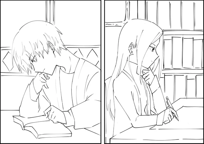 sketch of todomomo studying, not together but alone in their own rooms. i wonder why i even drew this... 