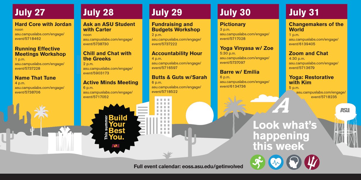 CultureASU's tweet photo. Whether you want to connect with other Sun Devils or to try something new like learning how to run effective meetings, playing virtual Pictionary or engaging in a yoga session, ASUSync has you covered this week! https://t.co/vpbAxE12wR #SunDevilSummer https://t.co/m1FRALwPGp