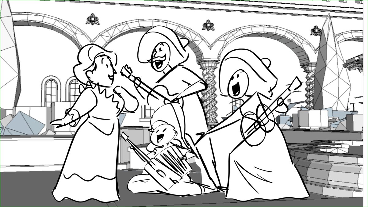 I'm glad the animation team kept Isa's slide I added in on top of the original boards. :D Also magical guitar person. (Check screen left. We added in a hand to take the guitar out.) Original boards in this section were done by Arielle Yett credited in the opening sequence! 