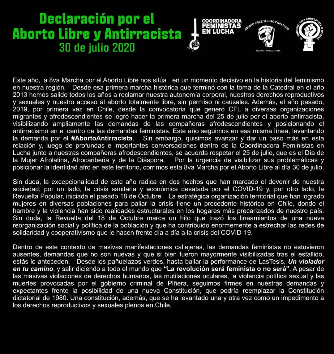 CFLChile's tweet photo. Iniciamos hoy nuestra semana por el Aborto Libre y antirracista con esta declaración. 
Les invitamos a visitar las redes de la CFL para conocer y sumarse a las actividades. #AbortoLibre #AbortoAntirracista #30julioAbortoLibre #8AñosMarchando https://t.co/2uWEMJzX70