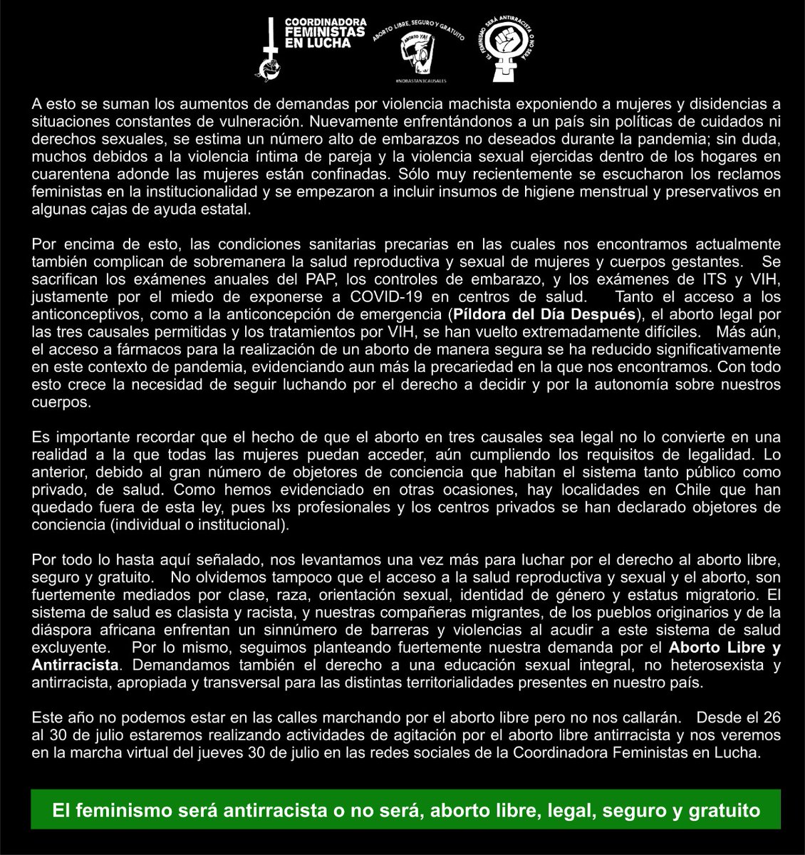 CFLChile's tweet photo. Iniciamos hoy nuestra semana por el Aborto Libre y antirracista con esta declaración. 
Les invitamos a visitar las redes de la CFL para conocer y sumarse a las actividades. #AbortoLibre #AbortoAntirracista #30julioAbortoLibre #8AñosMarchando https://t.co/2uWEMJzX70