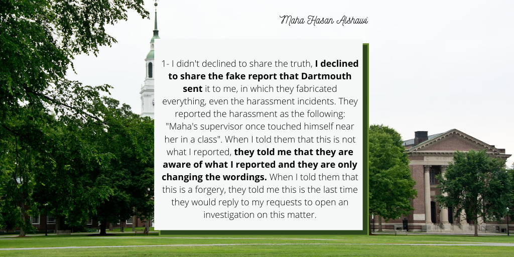 justiceformaha's tweet photo. Why can't Dartmouth start an unconditional external investigation on Maha's case? Here is part 3 of Maha's response to the recent statement Dartmouth released on July 24 #justiceforMaha #dartmouthdobetter https://t.co/DATc2H5pfN