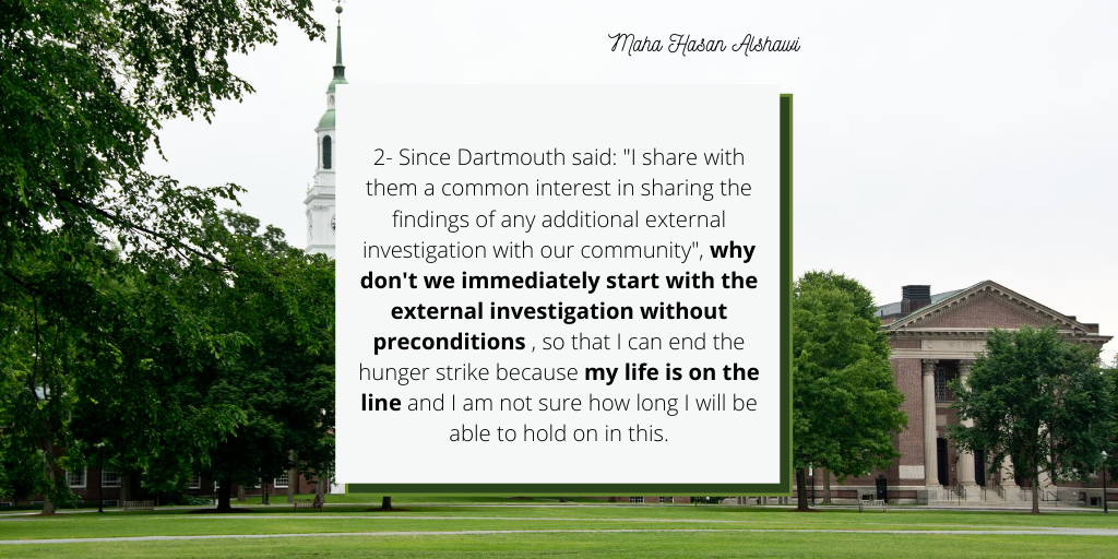justiceformaha's tweet photo. Why can't Dartmouth start an unconditional external investigation on Maha's case? Here is part 3 of Maha's response to the recent statement Dartmouth released on July 24 #justiceforMaha #dartmouthdobetter https://t.co/DATc2H5pfN
