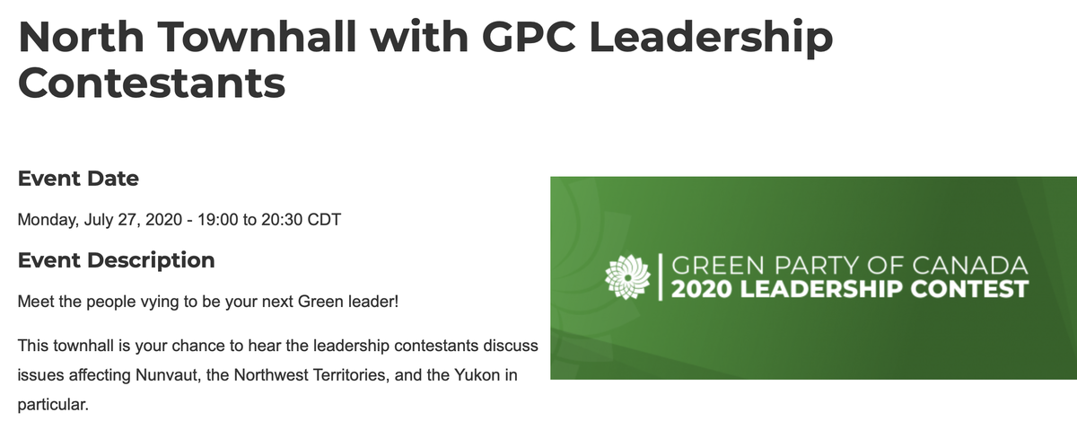 dimitrilascaris's tweet photo. Please join me and the other candidates for the leadership of the Green Party of Canada on Monday, July 27 at 19:00 CDT for a town hall on issues affecting the North.
You can register here: https://t.co/8R6aMeMvXi.
@CanadianGreens https://t.co/58PNJteLJ1
