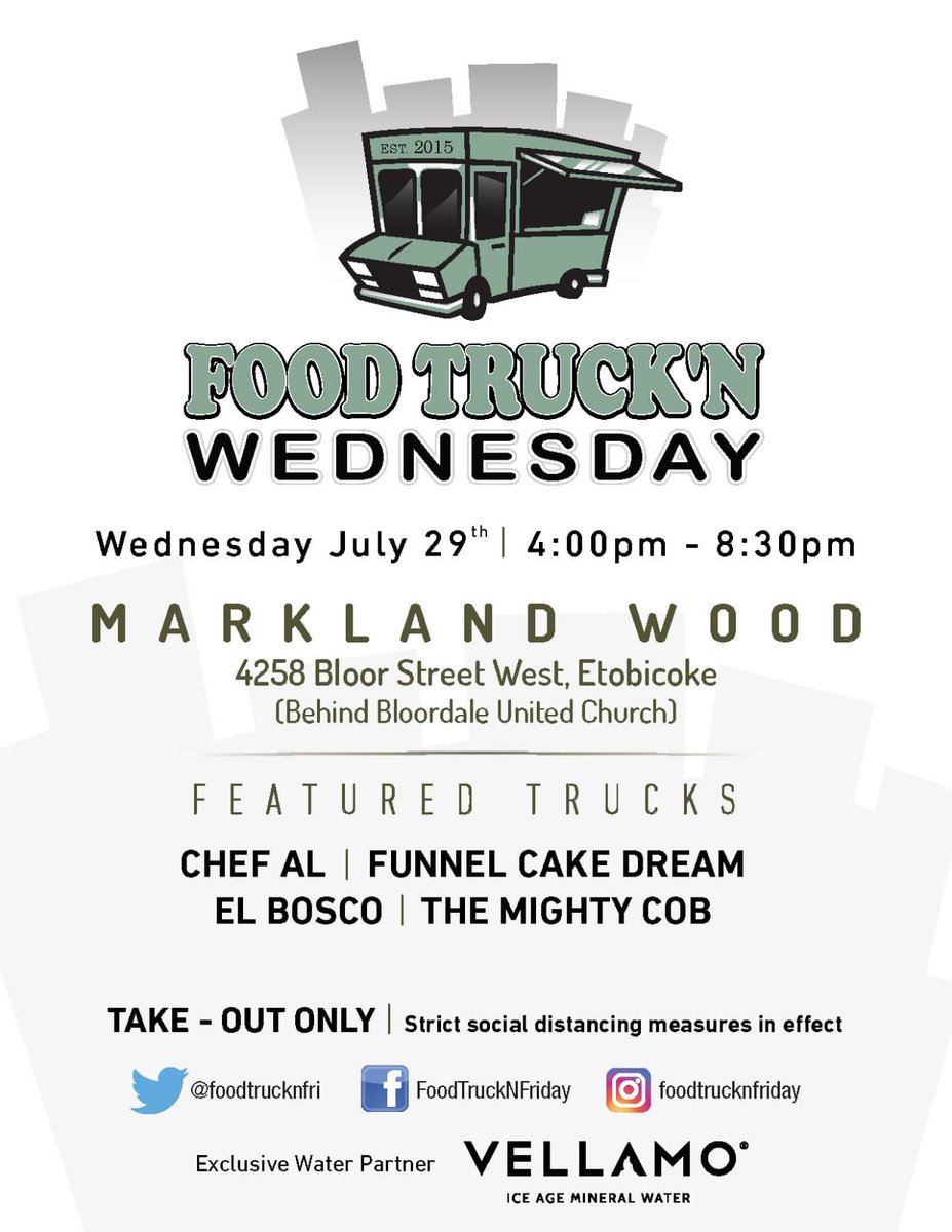 FoodTrucknFri's tweet photo. Another week, another contest! Here’s ur #Wednesday lineup @ #MarklandWood in #Etobicoke - #yum! RT b4 Tues 8pm for a chance to win a case of ultra-premium &amp; ultra-sexy #mineralwater from #Vellamo. Takeout service ONLY, stay 2m apart, #wearamask if ur able, C U Wednesday! https://t.co/bSLB2kSTZP