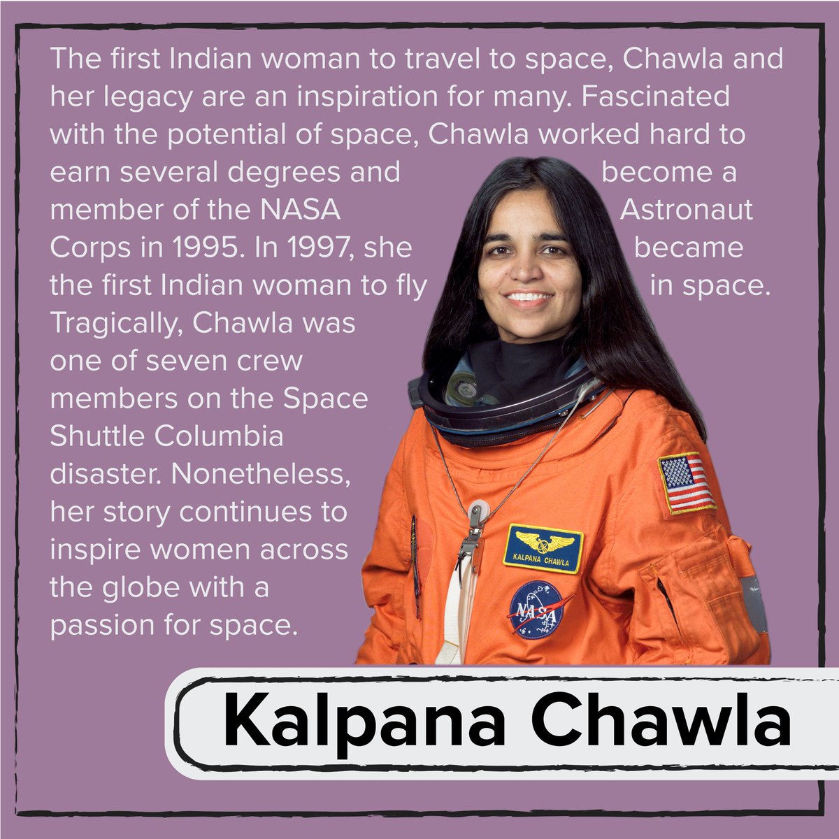 Kalpana Chawla was a  @NASA astronaut and the first Indian woman to fly in space. While her life was tragically lost on the Space Shuttle Columbia disaster, her legacy continues to inspire generations.