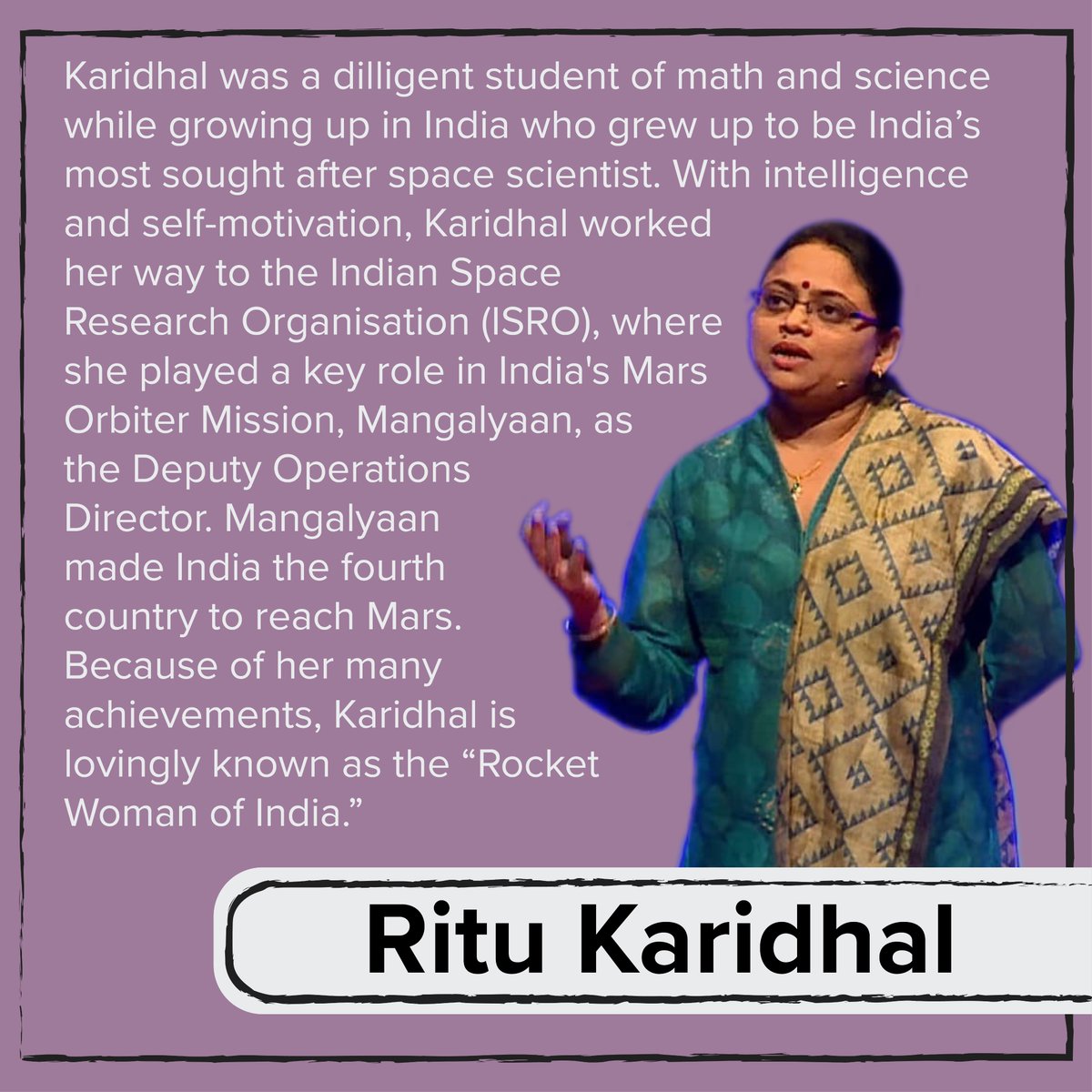 Ritu Karidhal is an integral part of the  @isro team. She has contributed to both the Mangalyaan and Chandrayaan 2 missions, which has earned her the nickname of "Rocket Woman of India."