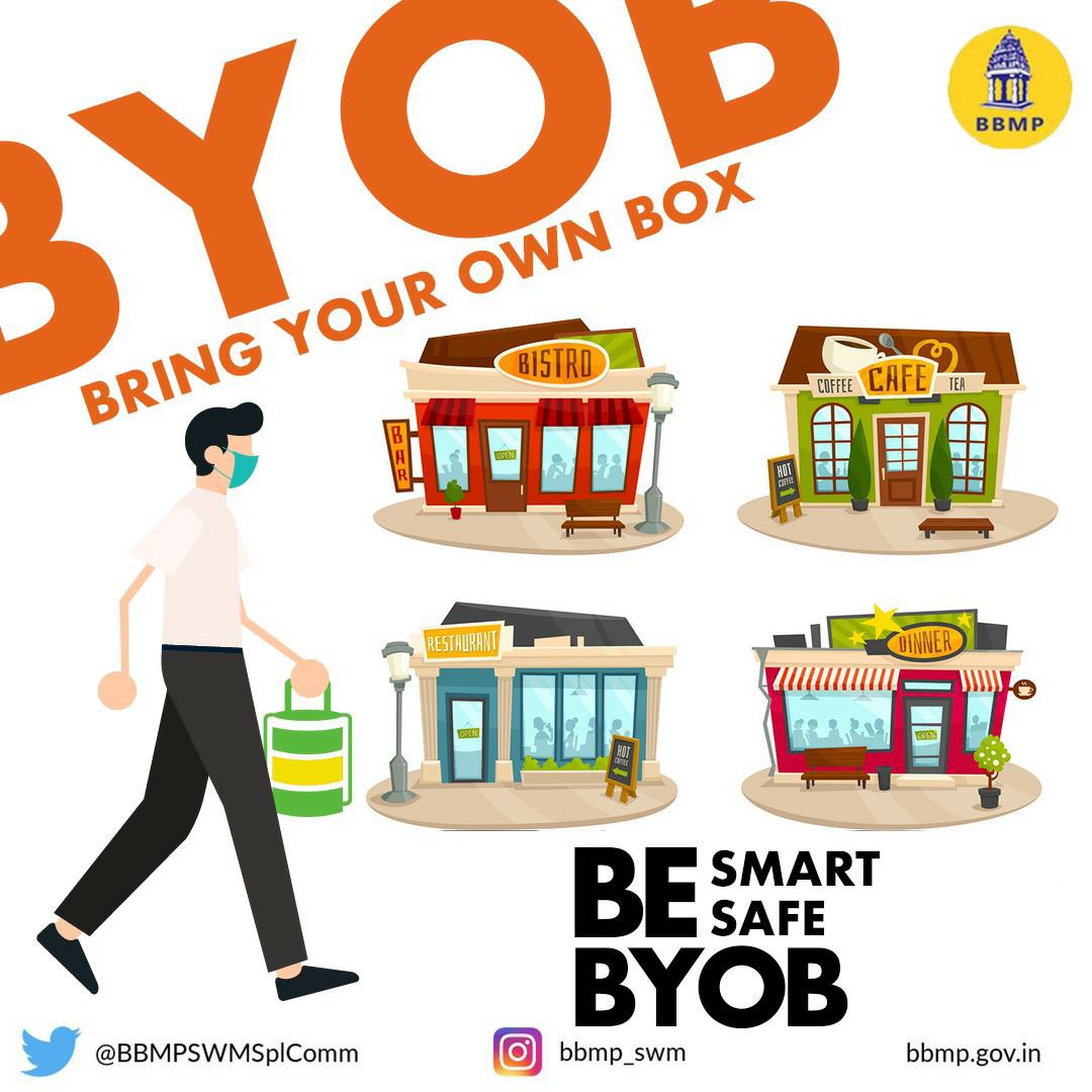 BBMPSWMSplComm's tweet photo. Be Smart Be Safe. Bring Your Own Box

#bringyourownbox #BBMP #Bengaluru #bbmpfightscovid19 #BYOB #food #hotels #cafe #restaurant #Covid19safety #COVID #Corona https://t.co/uDxoqC2fFe