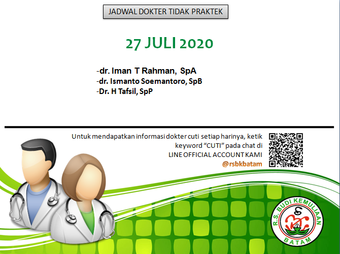 rsbkbatam's tweet photo. Jadwal Dokter Tidak Praktek 27 Juli 2020 https://t.co/jBTnwAl7LJ