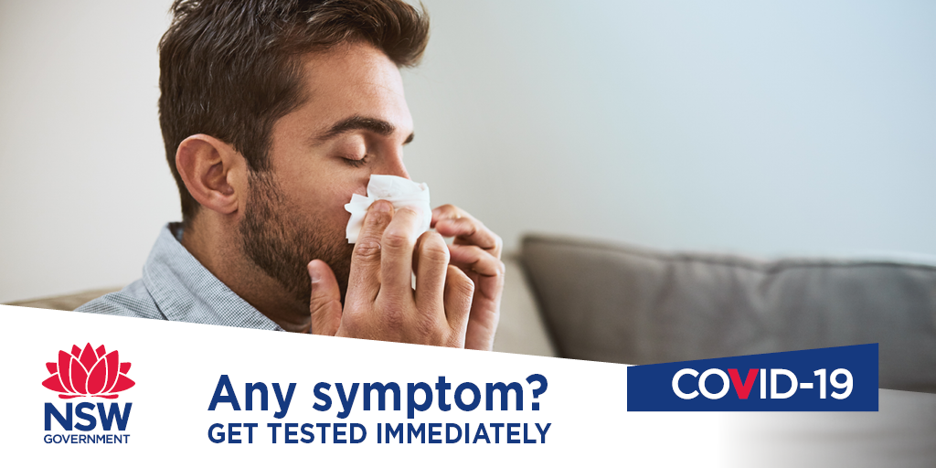 NSWHealth's tweet photo. Even if you have mild symptoms get tested for COVID-19 ASAP. Symptoms include fever, cough, sore/scratchy throat, shortness of breath, loss of smell &amp; taste, runny nose, joint pain, muscle pain, headache, diarrhoea, nausea/vomiting and loss of appetite: https://t.co/LmeATIQK4Z https://t.co/VYRanz8Z8C