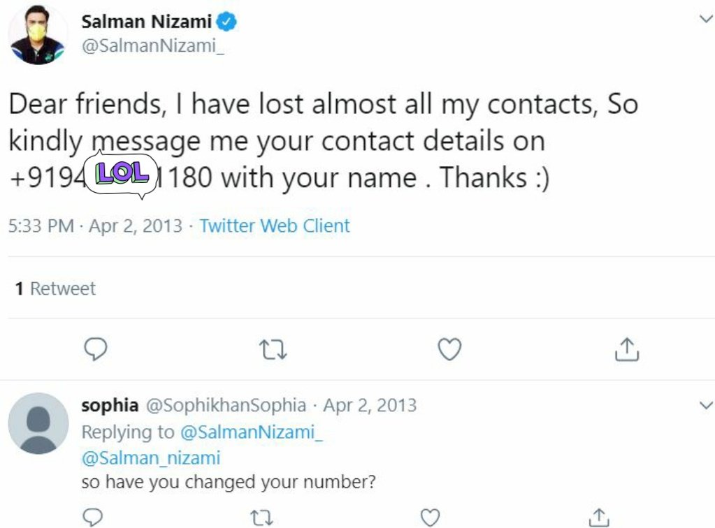 Pic 2: Why did you reply with your number haan..  https://twitter.com/SalmanNizami_/status/319057485409447936 | http://archive.is/YSB95&nbsp;Pic 3:  https://twitter.com/SalmanNizami_/status/348328813375131652 | http://archive.is/EsAOc&nbsp;