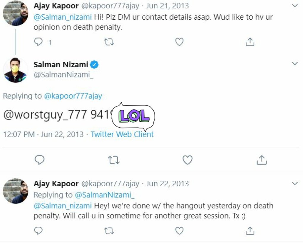 Pic 2: Why did you reply with your number haan..  https://twitter.com/SalmanNizami_/status/319057485409447936 | http://archive.is/YSB95&nbsp;Pic 3:  https://twitter.com/SalmanNizami_/status/348328813375131652 | http://archive.is/EsAOc&nbsp;