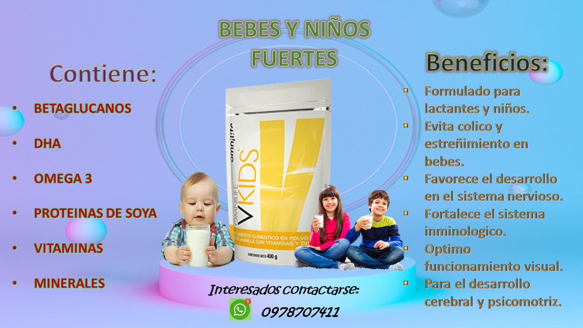 Beneficios Vkids Omnilife 👫👶
*Hecho para niñosContribuye a tener defensas óptimas.
*Un correcto desarrollo físicoEstimular su inteligencia
*Mejorar su vista
V-Kids productoEstrella brinda nutrientes necesarios a niños en crecimiento
*Ayuda a prevenir enfermedades.#omnilife