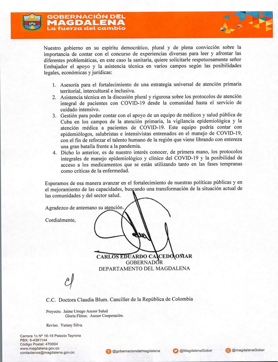 carlosecaicedo's tweet photo. Desde @MagdalenaGober y por segunda vez, le hemos solicitado a la Embajada de Cuba  @EmbacubaCol @PonceCaraballo, la solidaria asistencia técnica del exitoso cuerpo médico de la República de Cuba para el tratamiento del Covid19 en el Magdalena. https://t.co/z2WGPHpo6u