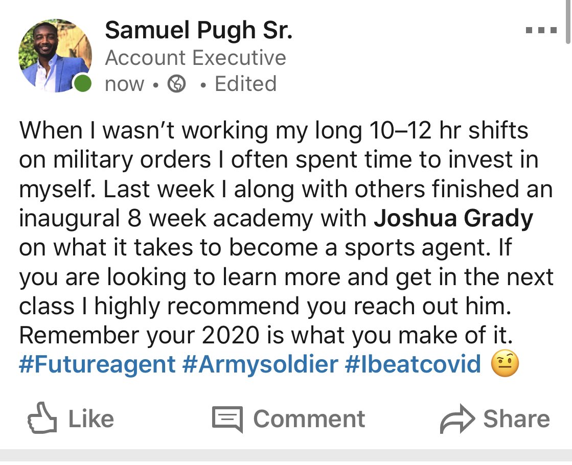 samuelepugh's tweet image. Thankful for this opportunity to invest in myself during this difficult time. I even beat Covid during this training academy 😅. Shoutout to @AgentGrady_ for the insight. Looking forward to working together in some capacity down the line. ✊🏾💯 #Futureagent