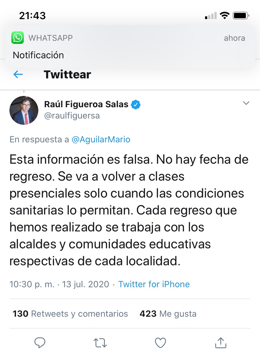 AguilarMario's tweet photo. Hace 13 días alertamos en un vídeo que el gobierno estaba fraguando reservadamente retorno a clases en agosto a pesar de no haber condiciones sanitarias. El ministro de Educación me desmintió pero ahora Seremi de Bio Bio anuncia retorno el 17 de agosto

¿Quien ha dicho la verdad? https://t.co/q3LcoRi40I