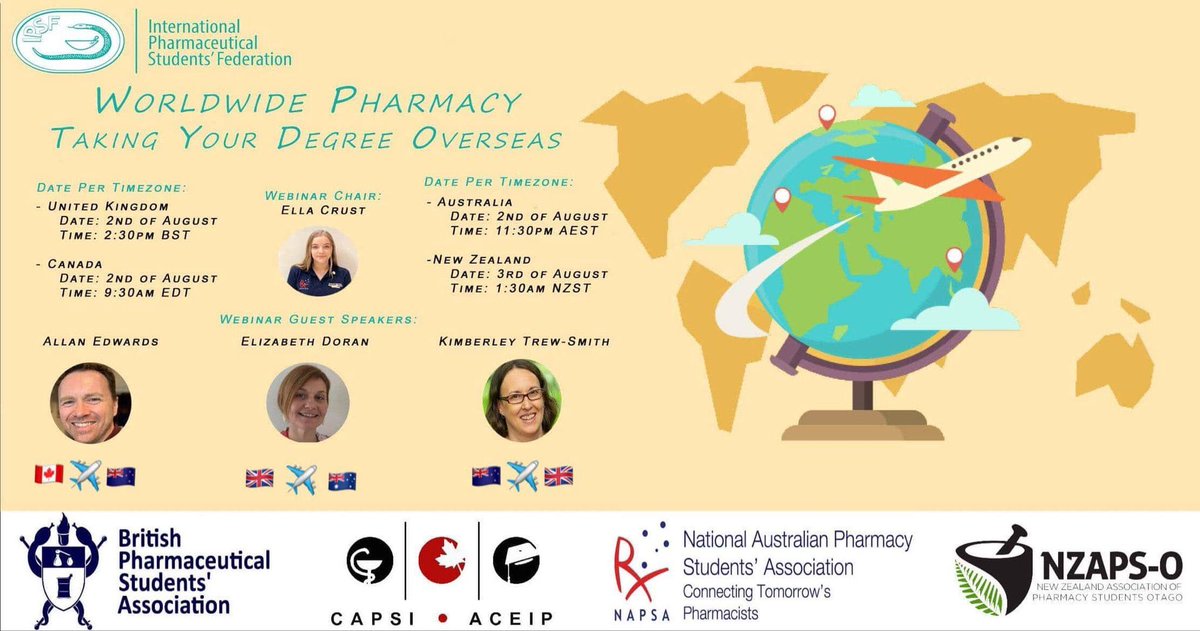 NAPSA_Rx's tweet image. Want to hear about how you can take your degree overseas? @NAPSA_Rx, @BPSA, @Capsinational, and @NZAPSOtago are pleased to bring you a webinar chaired by our own @EllaCrust on just that! Register now at: bit.ly/2ZYtIf5 #napsa #pharmacystudent 👩‍🔬🧑‍🔬