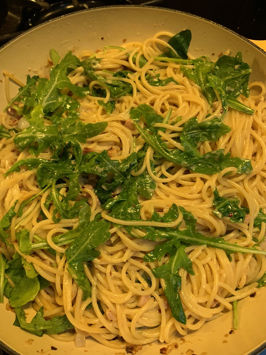 Feeding 5 with this recipe from @chrissyteigen - Lemony arugula spaghetti. It’s so dang delicious, with so many rich flavors yet simple ingredients!! It’s a hit at the table tonight!